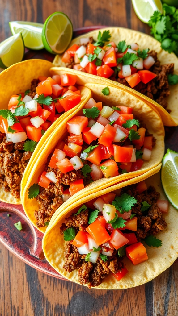 Spicy chopped beef tacos with fresh salsa on a rustic platter, garnished with lime.
